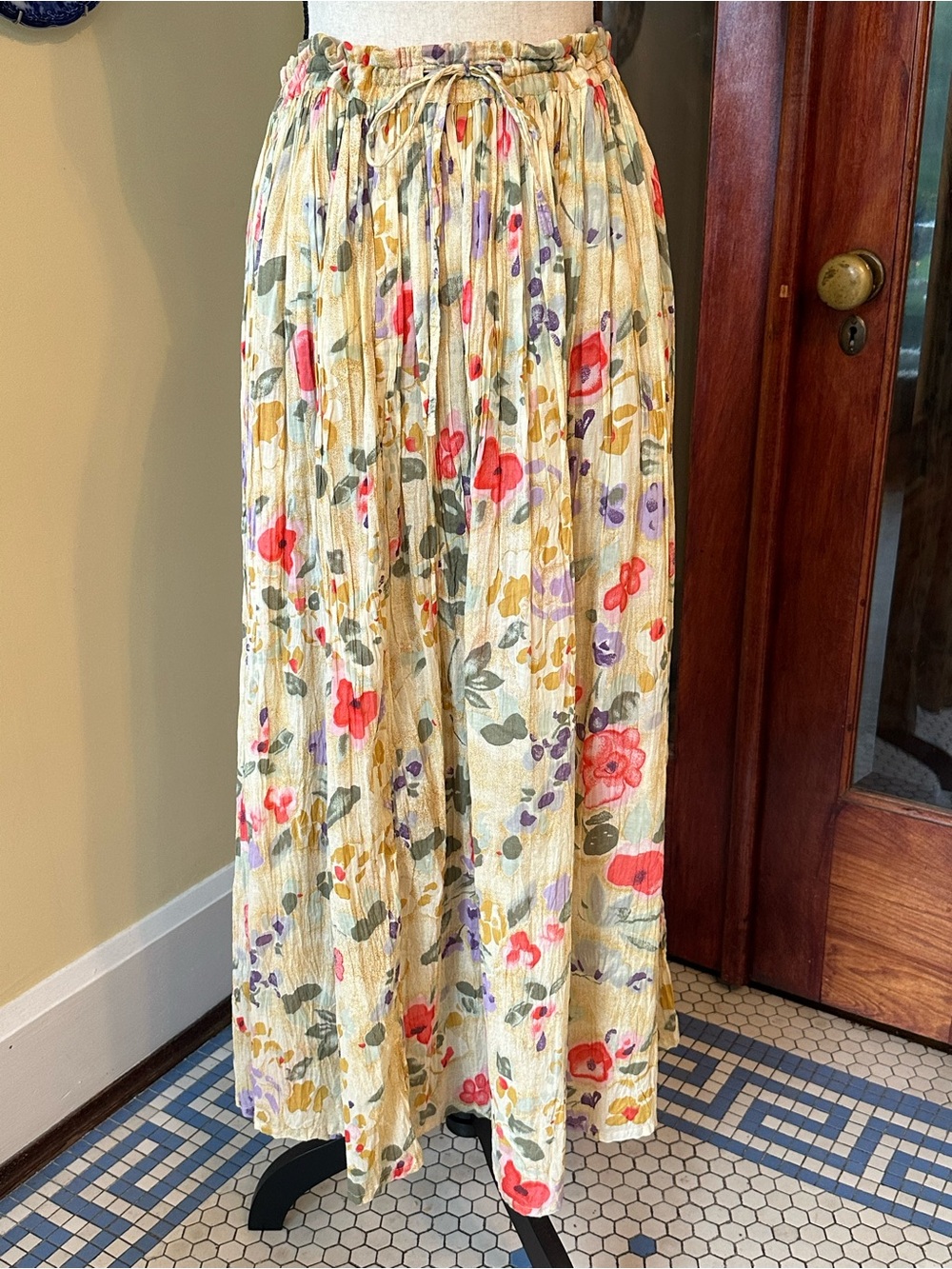 Requirements | Butter Yellow Floral Cotton Broomstick Maxi Skirt, Size M